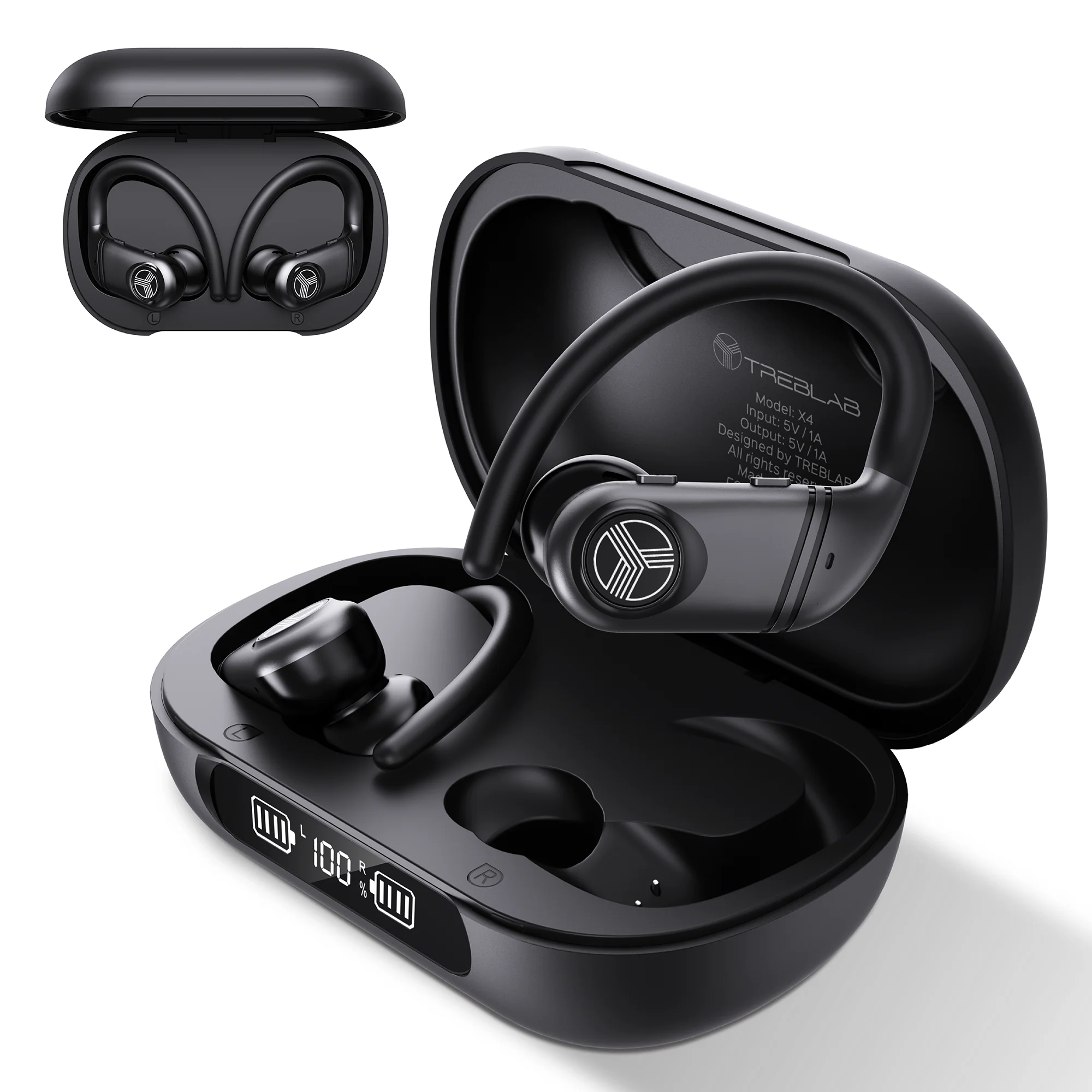 TREBLAB X4 Over the Ear Earbuds Wireless Bluetooth. 11H. IPX5 | Bluetooth Headphones Waterproof IPX5. 2500mAh Powerbank Case. Gaming Mode 60ms. ENC Mic. Sport Hook Fit